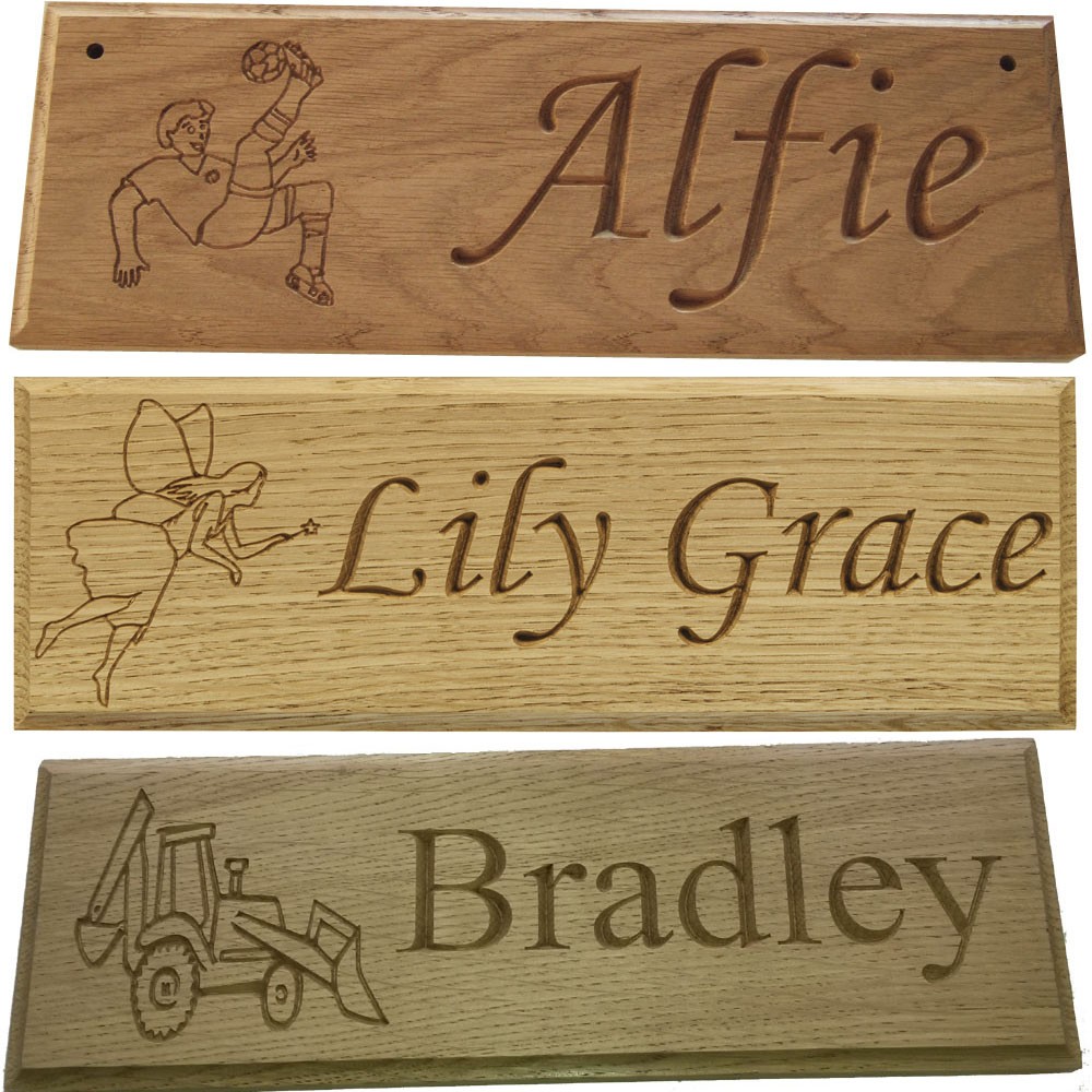 Kids Name Plates In Carved Oak With Motif
